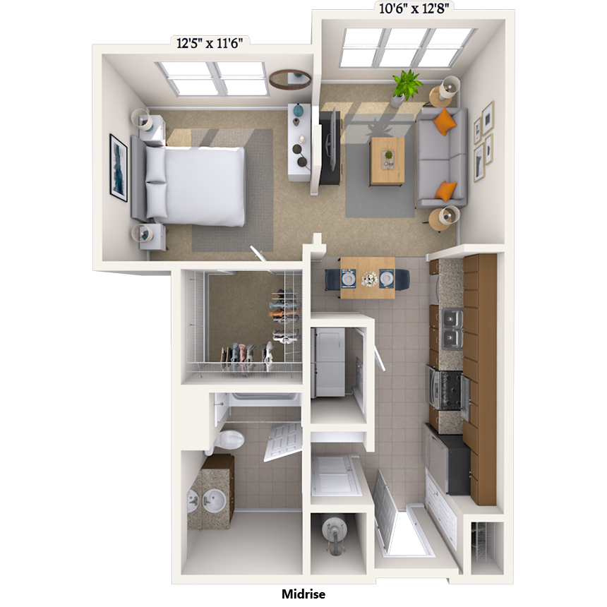 Floor plan for studio, 1 bath, 670 sqft