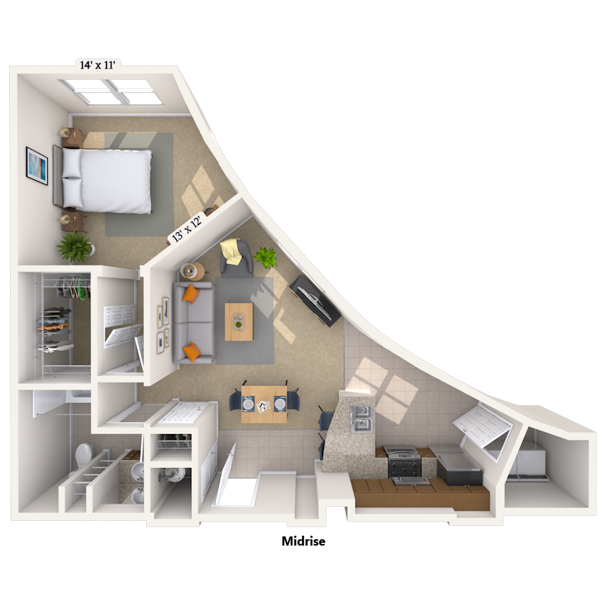 Floor plan for 1 bed, 1 bath, 900 sqft