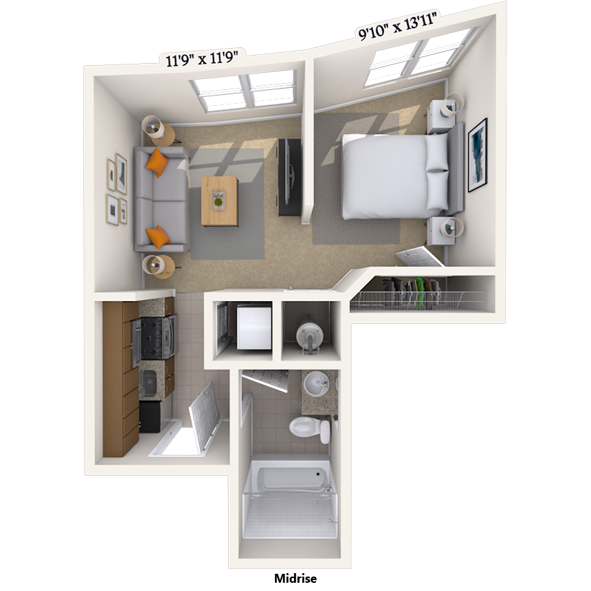 Floor plan for studio, 1 bath, 475 sqft