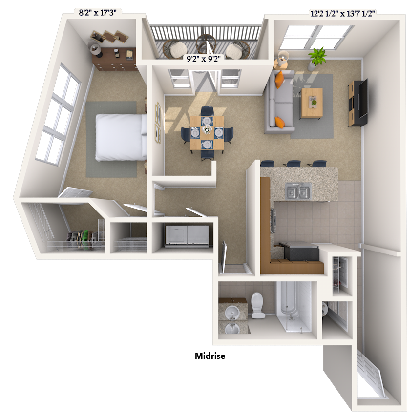 Floor plan for 1 bed, 1 bath, 969 sqft