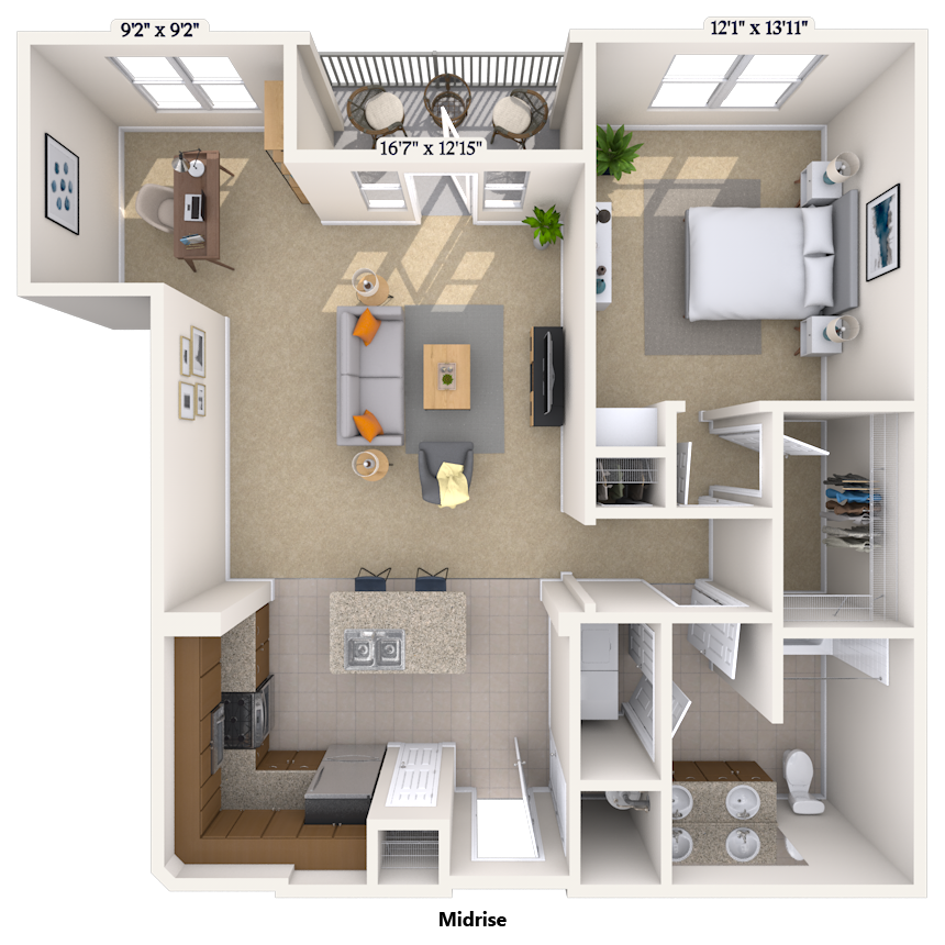 Floor plan for 1 bed, 1 bath, 951 sqft