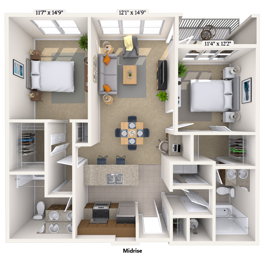 Floor plan for 2 beds, 2 baths, 1088 sqft