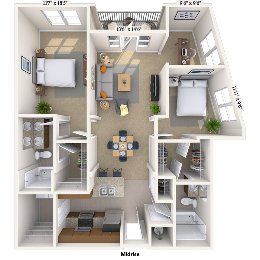Floor plan for 2 beds, 2 baths, 1368 sqft