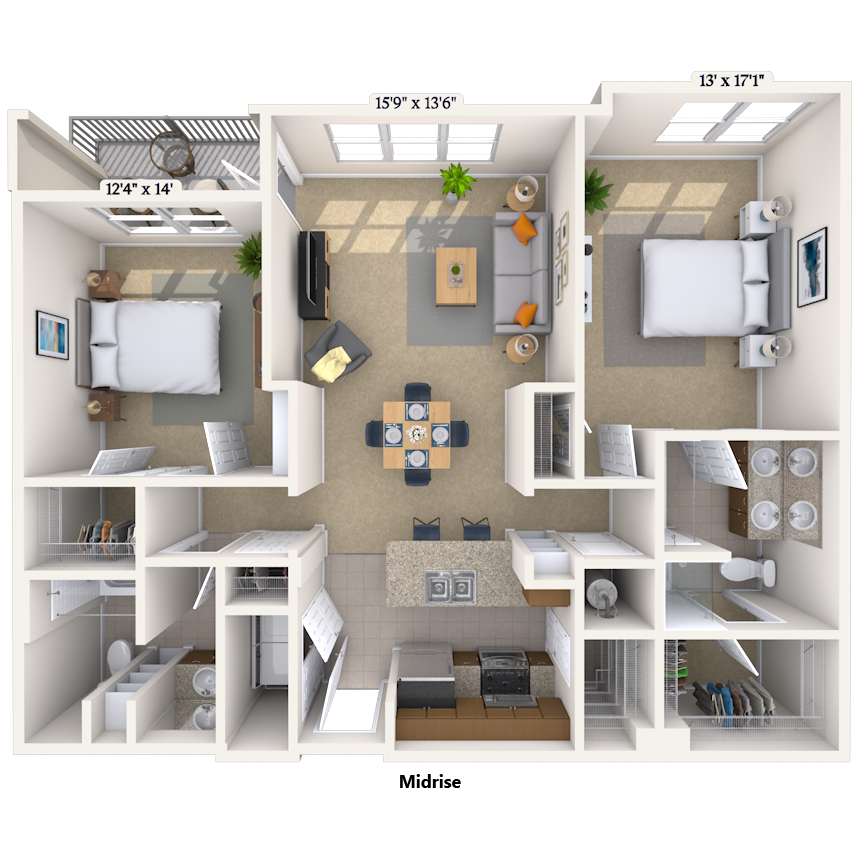 Floor plan for 2 beds, 2 baths, 1333 sqft