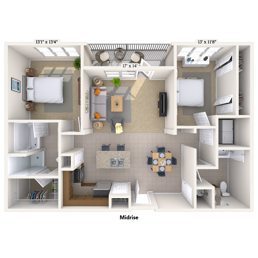 Floor plan for 2 beds, 2 baths, 1250 sqft