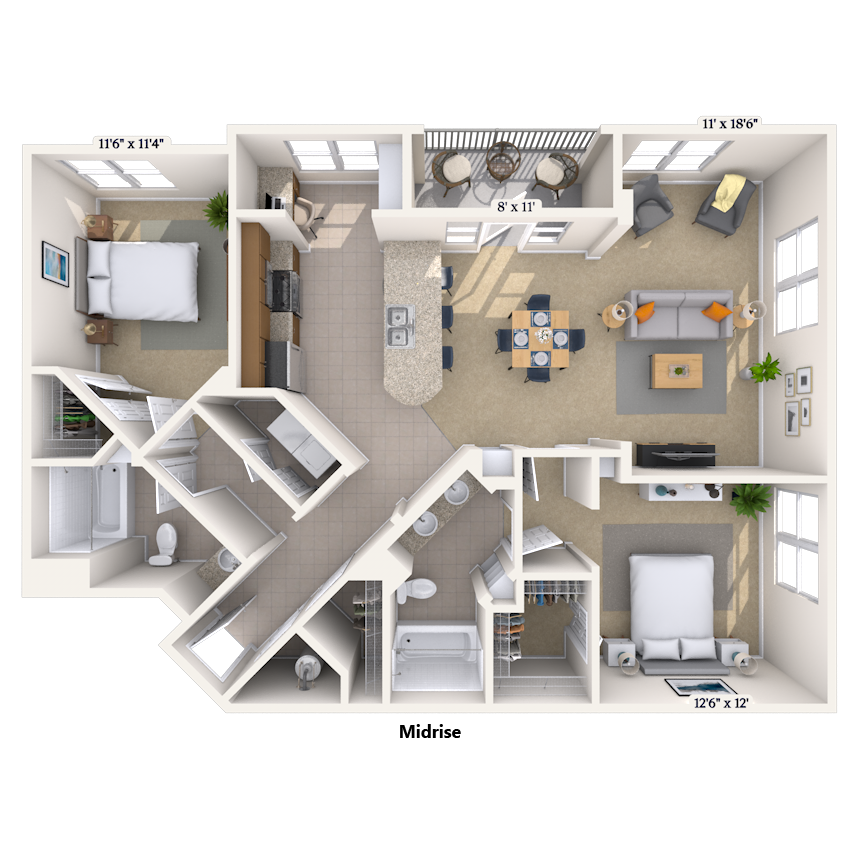Floor plan for 2 beds, 2 baths, 1389 sqft