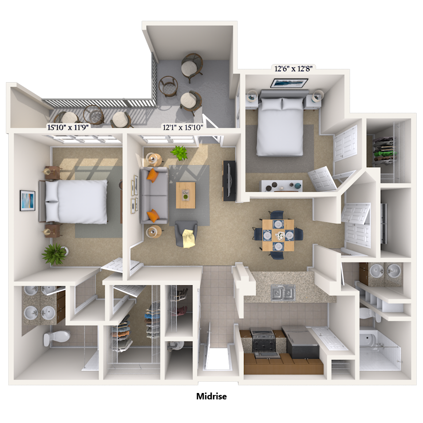 Floor plan for 2 beds, 2 baths, 1174 sqft