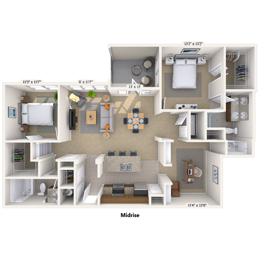 Floor plan for 2 beds, 2 baths, 1449 sqft