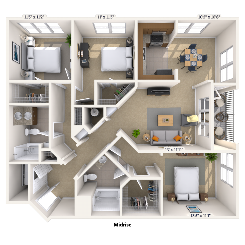 Floor plan for 3 beds, 2 baths, 1366 sqft
