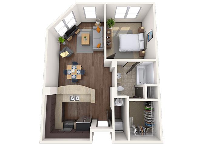 Floor plan for 1 bed, 1 bath, 689 sqft
