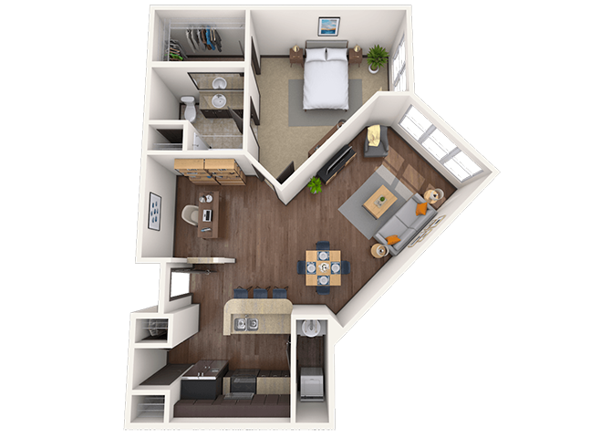 Floor plan for 1 bed, 1 bath, 834 sqft