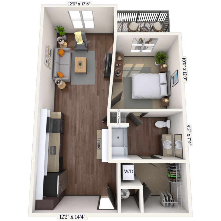 Floor plan for 1 bed, 1 bath, 649 sqft