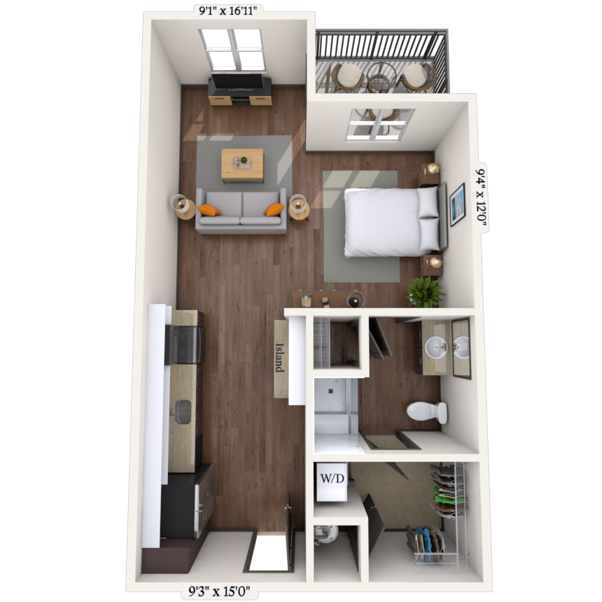 Floor plan for studio, 1 bath, 578 sqft