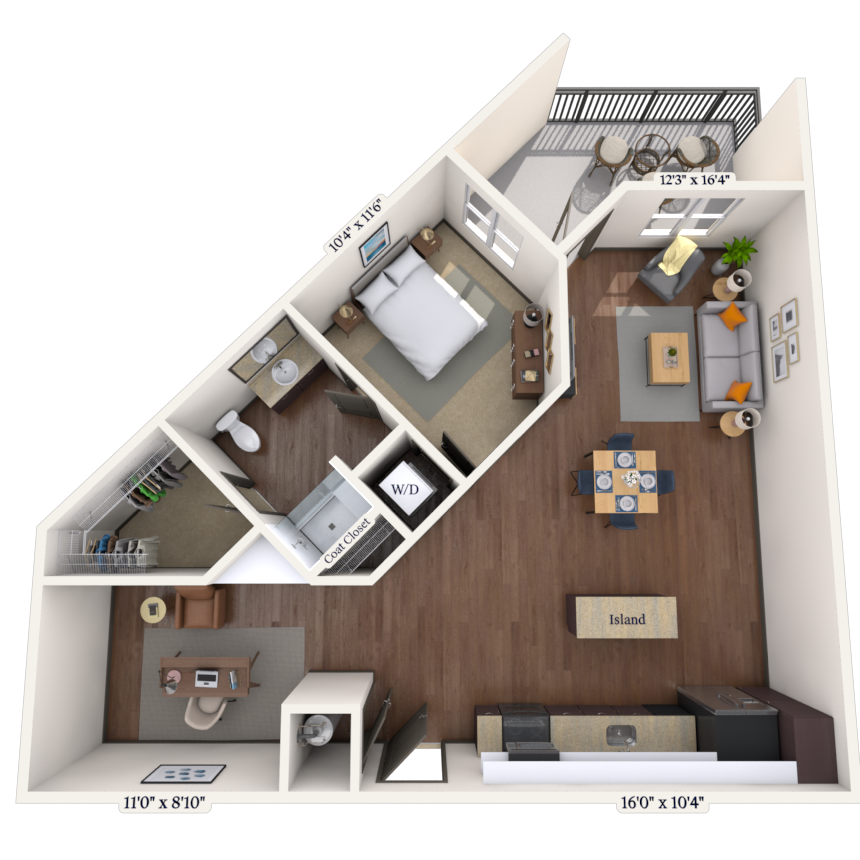 Floor plan for 1 bed, 1 bath, 798 sqft