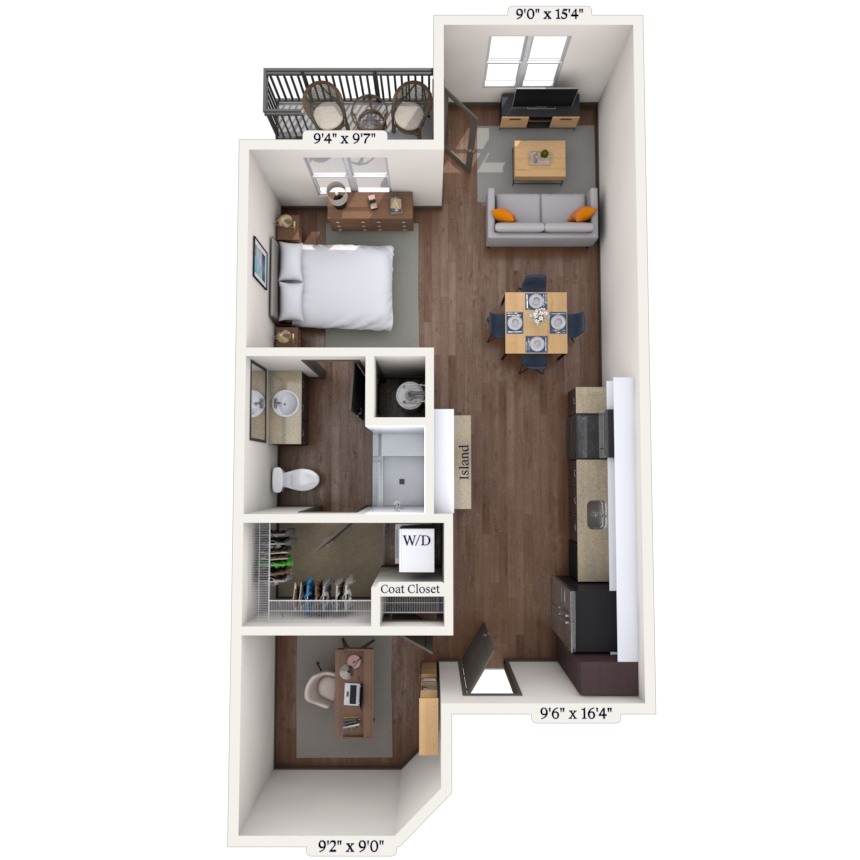 Floor plan for studio, 1 bath, 580 sqft