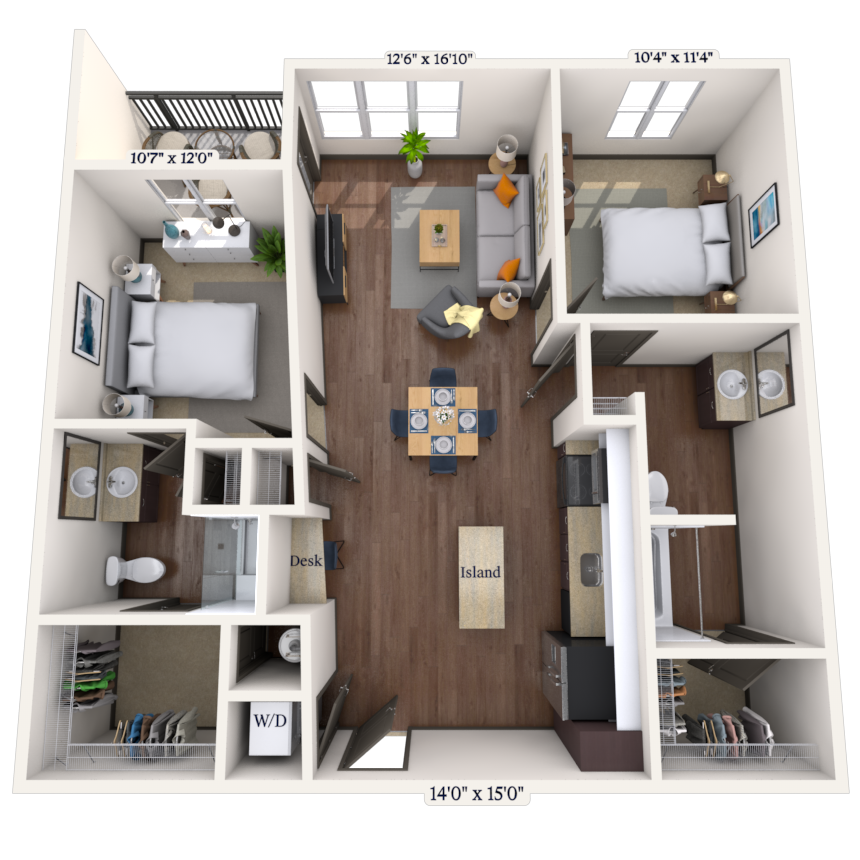 Floor plan for 2 beds, 2 baths, 1027 sqft