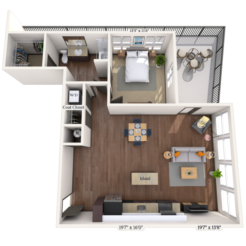 Floor plan for 1 bed, 1 bath, 901 sqft