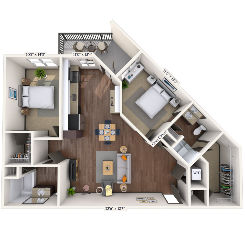 Floor plan for 2 beds, 2 baths, 1052 sqft
