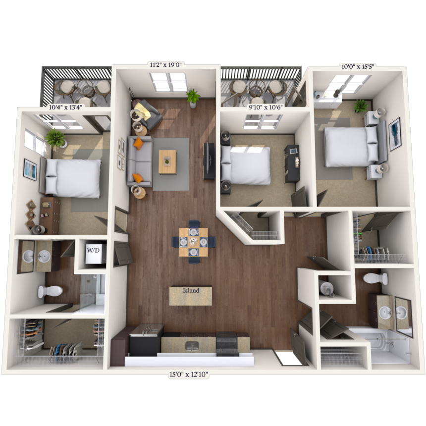 Floor plan for 3 beds, 2 baths, 1242 sqft