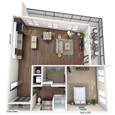 Floor plan for 1 bed, 1 bath, 891 sqft