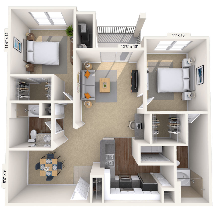 Floor plan for 2 beds, 2 baths, 1101 sqft