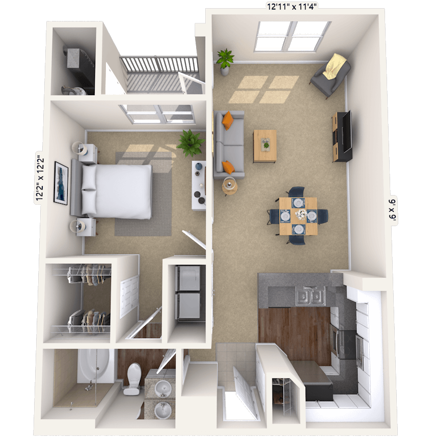 Floor plan for 1 bed, 1 bath, 674 sqft