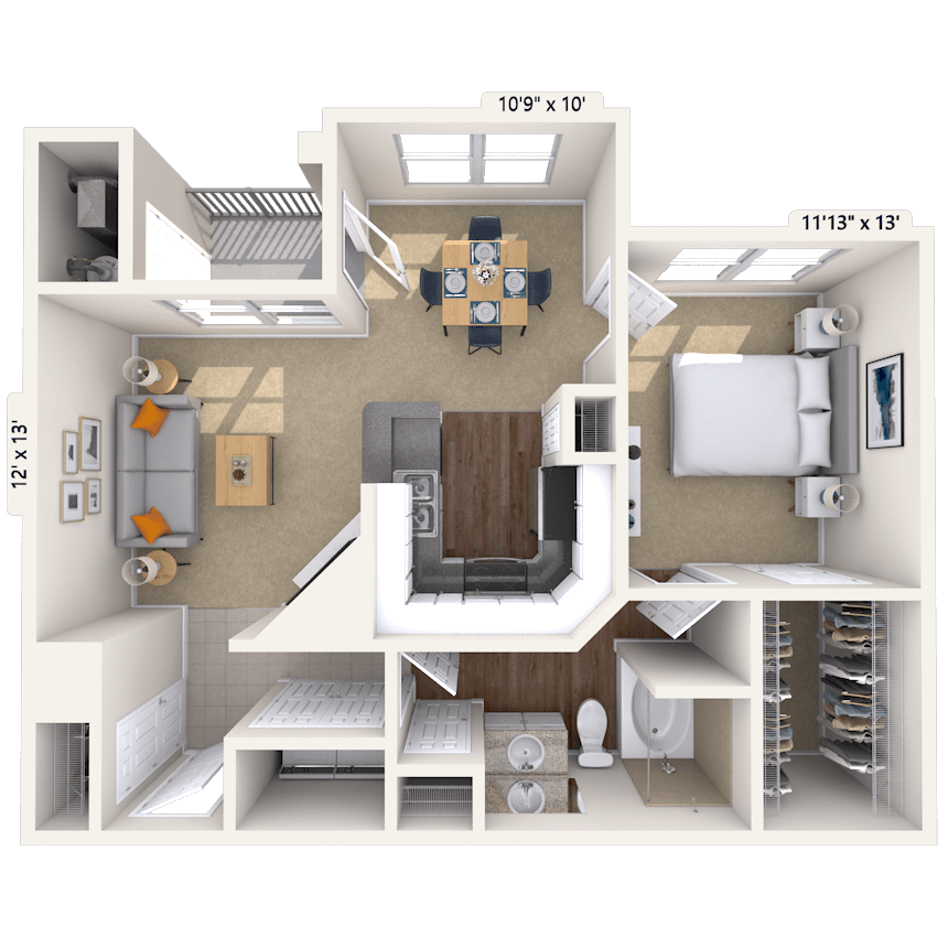 Floor plan for 1 bed, 1 bath, 793 sqft