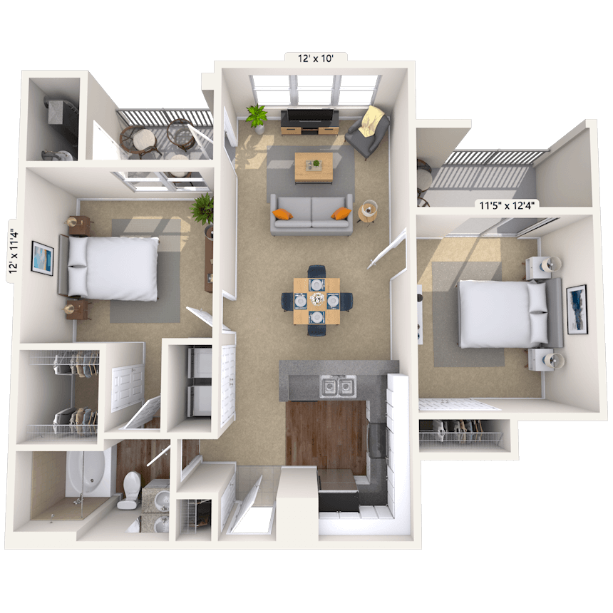 Floor plan for 2 beds, 1 bath, 910 sqft