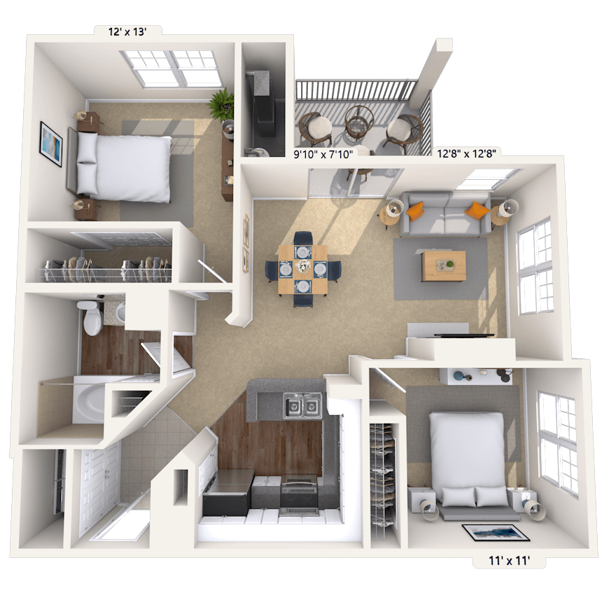 Floor plan for 2 beds, 1 bath, 970 sqft