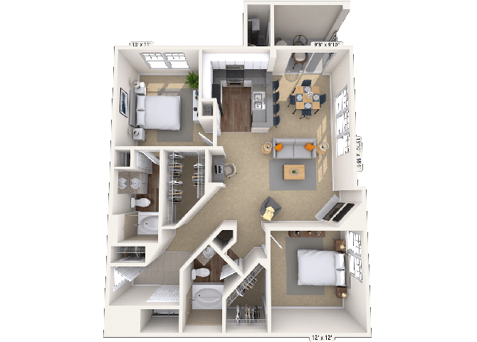 Floor plan for 2 beds, 2 baths, 1168 sqft