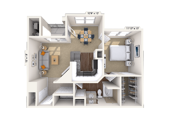 Floor plan for 1 bed, 1 bath, 735 sqft