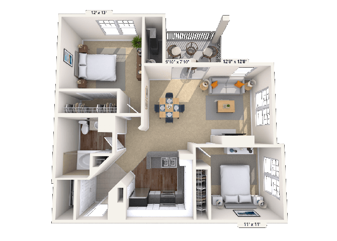 Floor plan for 2 beds, 1 bath, 970 sqft