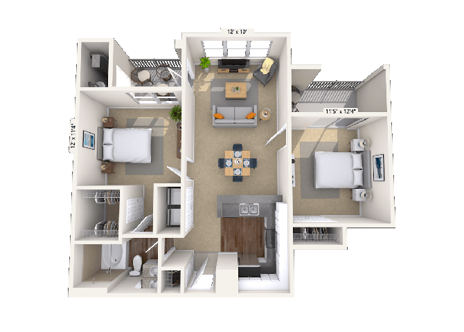 Floor plan for 2 beds, 1 bath, 910 sqft
