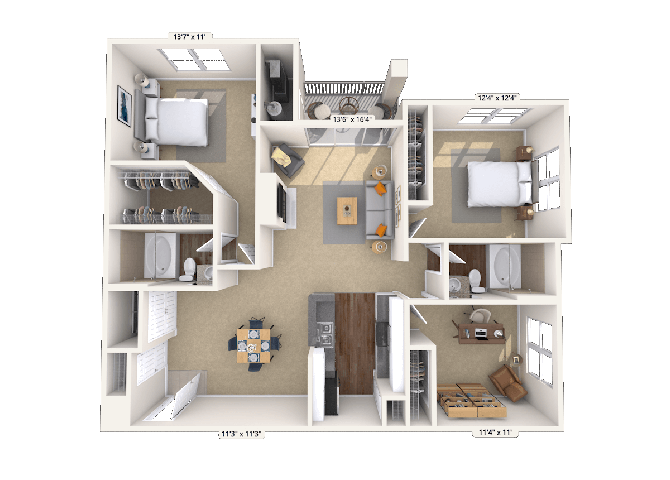Floor plan for 2 beds, 2 baths, 1334 sqft