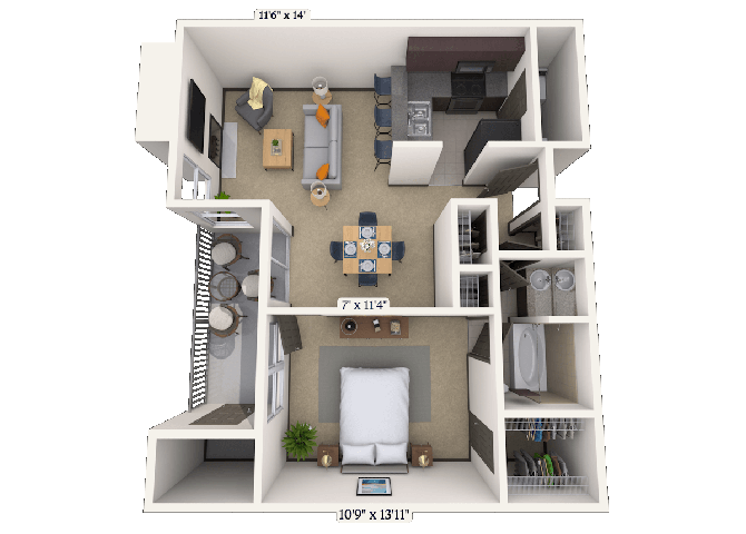 Floor plan for 1 bed, 1 bath, 716 sqft