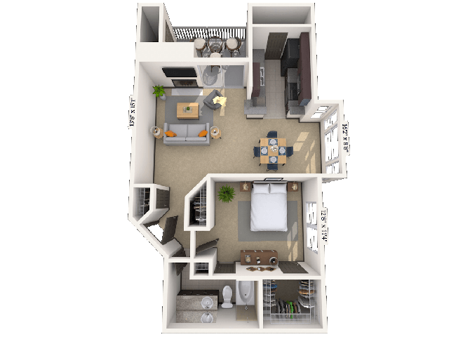 Floor plan for 1 bed, 1 bath, 866 sqft