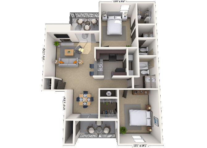Floor plan for 2 beds, 2 baths, 1059 sqft