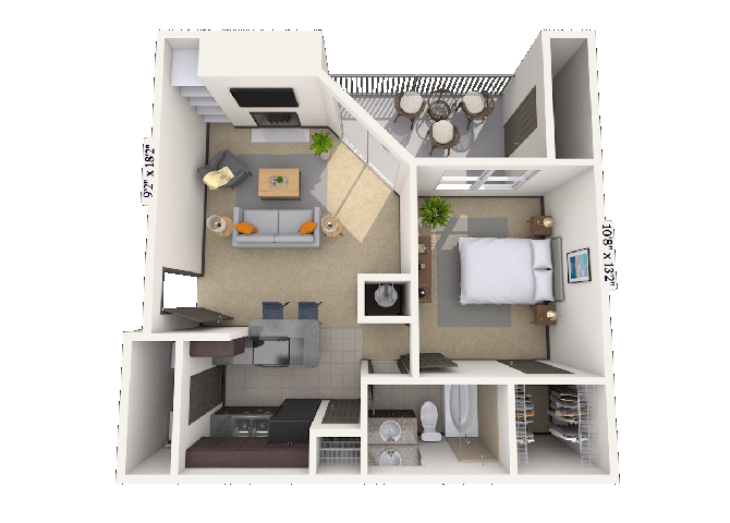 Floor plan for 1 bed, 1 bath, 652 sqft