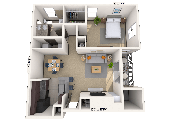 Floor plan for 1 bed, 1 bath, 788 sqft