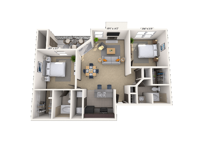 Floor plan for 2 beds, 2 baths, 1062 sqft