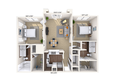 Floor plan for 2 beds, 2 baths, 1118 sqft