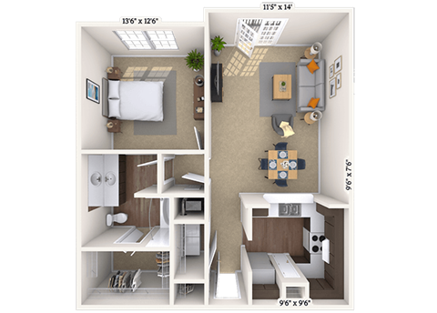 Floor plan for 1 bed, 1 bath, 776 sqft