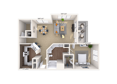 Floor plan for 1 bed, 1 bath, 1030 sqft