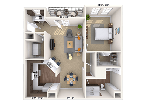 Floor plan for 1 bed, 1 bath, 954 sqft