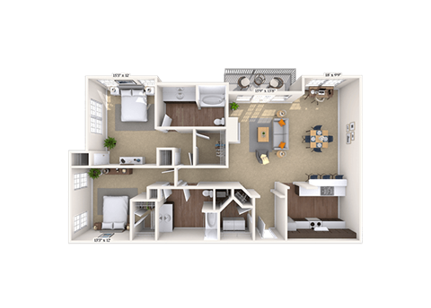Floor plan for 2 beds, 2 baths, 1412 sqft