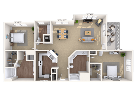 Floor plan for 2 beds, 2 baths, 1363 sqft