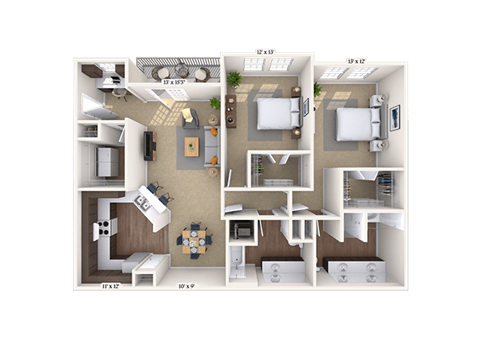 Floor plan for 2 beds, 2 baths, 1316 sqft