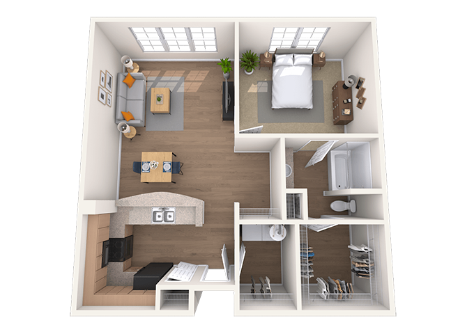 Floor plan for 1 bed, 1 bath, 906 sqft