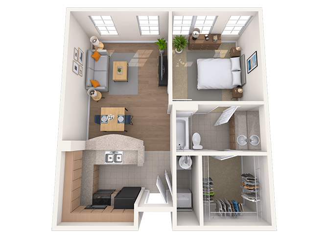Floor plan for 1 bed, 1 bath, 665 sqft