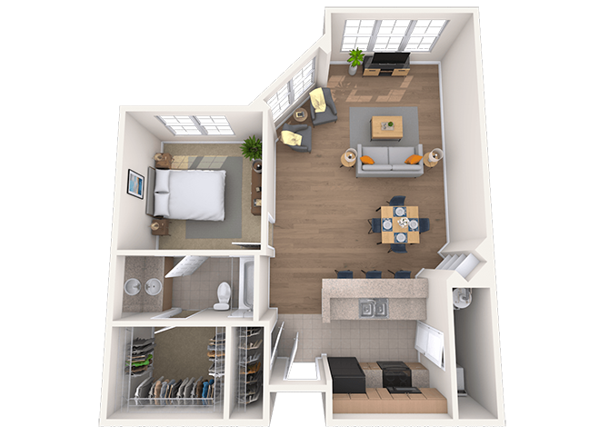 Floor plan for 1 bed, 1 bath, 740 sqft